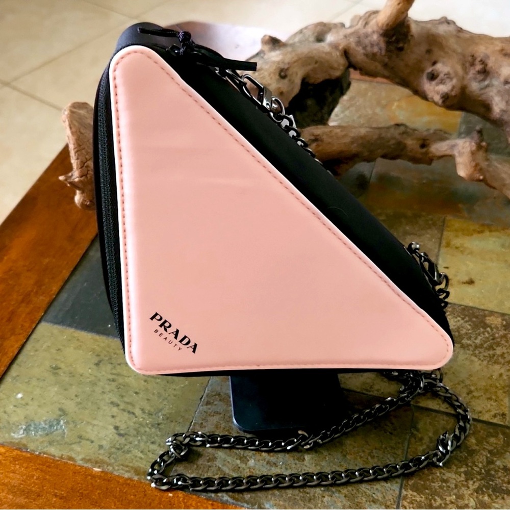 Prada Pink and Black Triangle Cosmetic Pouch with Chain